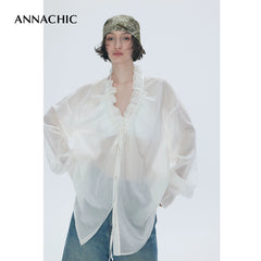 ANNASHIC Stylish Blogger's Style _ Lightweight and Micro Transparent Ruffle Drawn Collar Shirt _ Loose Sunscreen Shirt