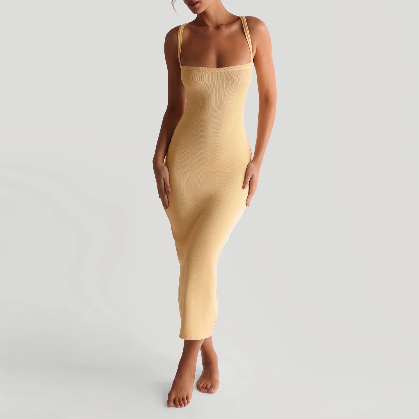 2026 Spring/Summer American style halter dress long, women's high-end, sexy square neck slim fit suspender dress with slit