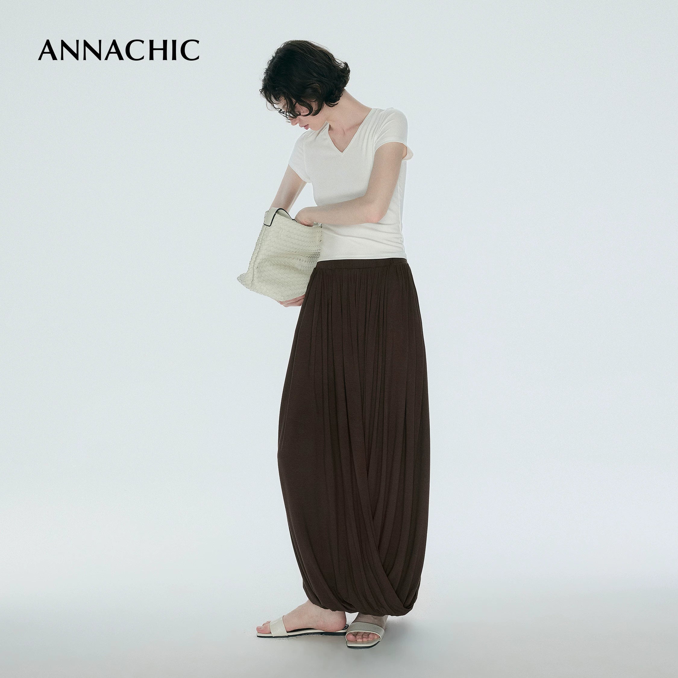 ANNASHIC Fashionable Lazy _ Double layer Knot Deconstructed Knitted Half Skirt Women's Long Skirt Pants Flower Bud Skirt