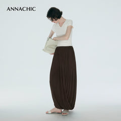 ANNASHIC Fashionable Lazy _ Double layer Knot Deconstructed Knitted Half Skirt Women's Long Skirt Pants Flower Bud Skirt