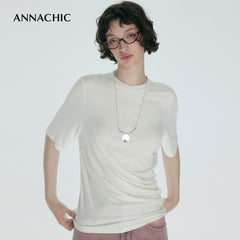 ANNASHIC Relaxation Game _ White Asymmetric Wrinkle Design Short Sleeve T-shirt for Women Summer Air Feel Skin friendly Top