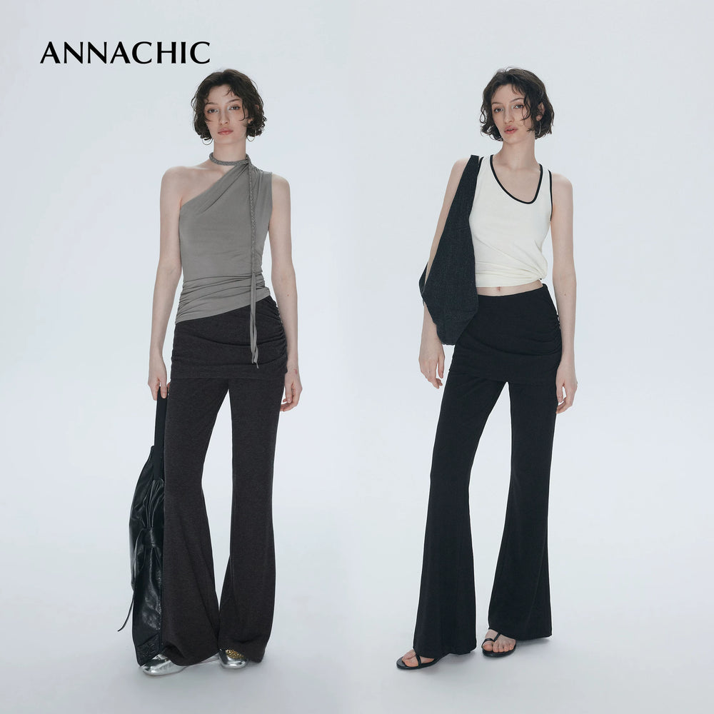 ANNASHIC slim leg pants _ Fake two-piece crotch covering fart curtain micro flared pants _ Slim fit and slimming knitted yoga pants