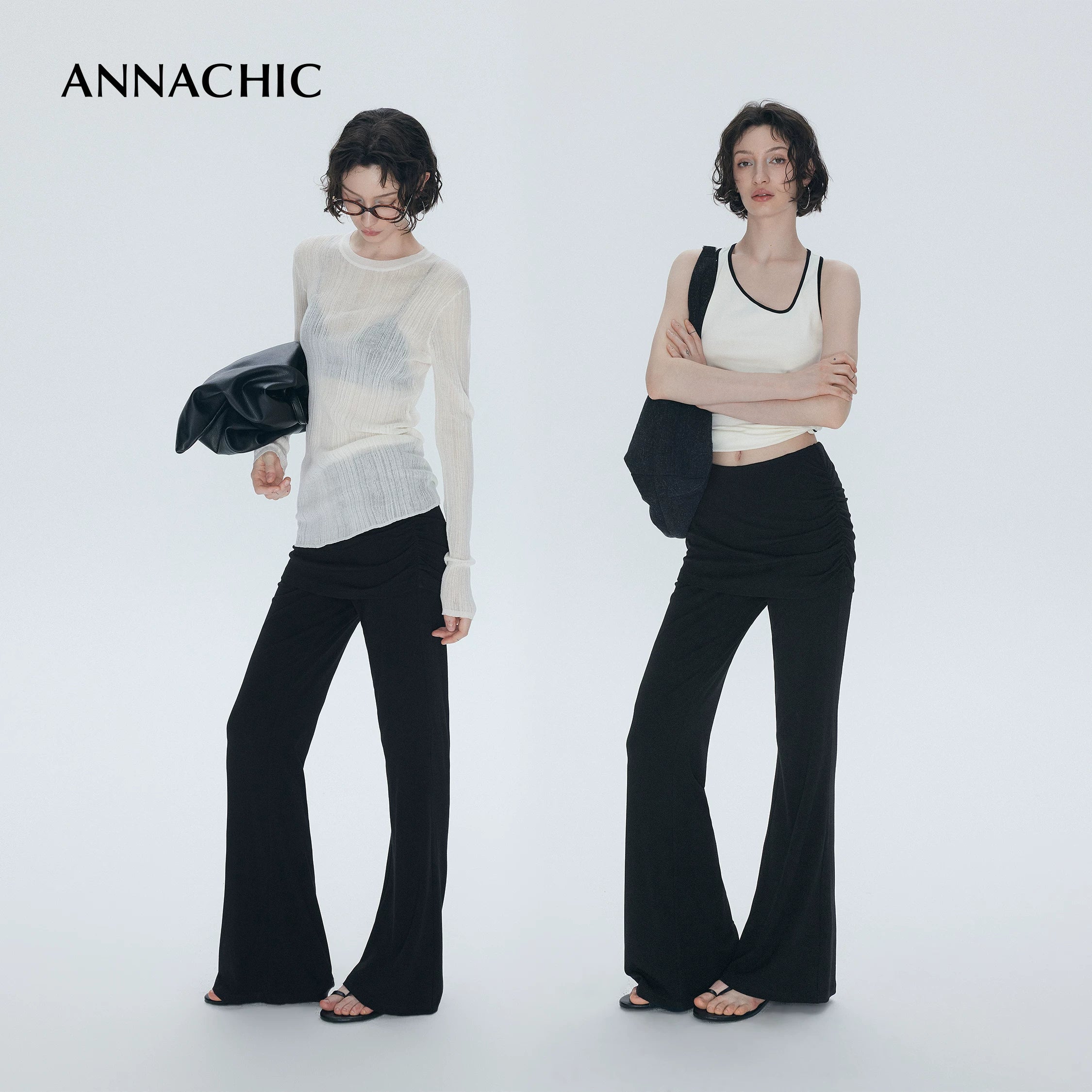 ANNASHIC slim leg pants _ Fake two-piece crotch covering fart curtain micro flared pants _ Slim fit and slimming knitted yoga pants