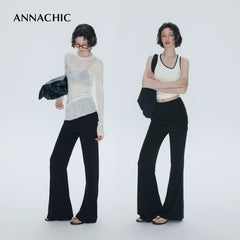 ANNASHIC slim leg pants _ Fake two-piece crotch covering fart curtain micro flared pants _ Slim fit and slimming knitted yoga pants