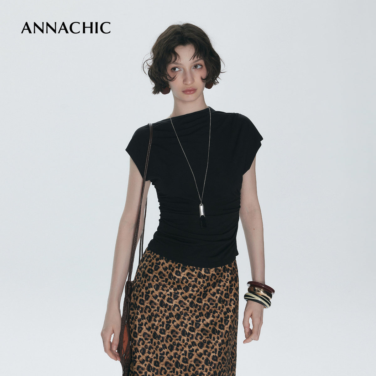 ANNACHIC Line Aesthetics _ White Irregular Little Flying Sleeve T-shirt for Women with Folded Waist Short Sleeve/Sleeveless Top