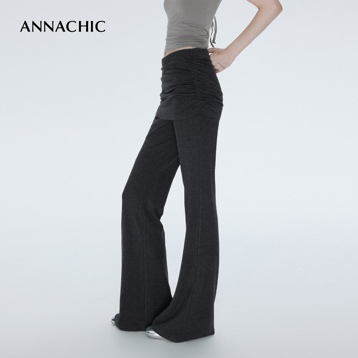 ANNASHIC slim leg pants _ Fake two-piece crotch covering fart curtain micro flared pants _ Slim fit and slimming knitted yoga pants