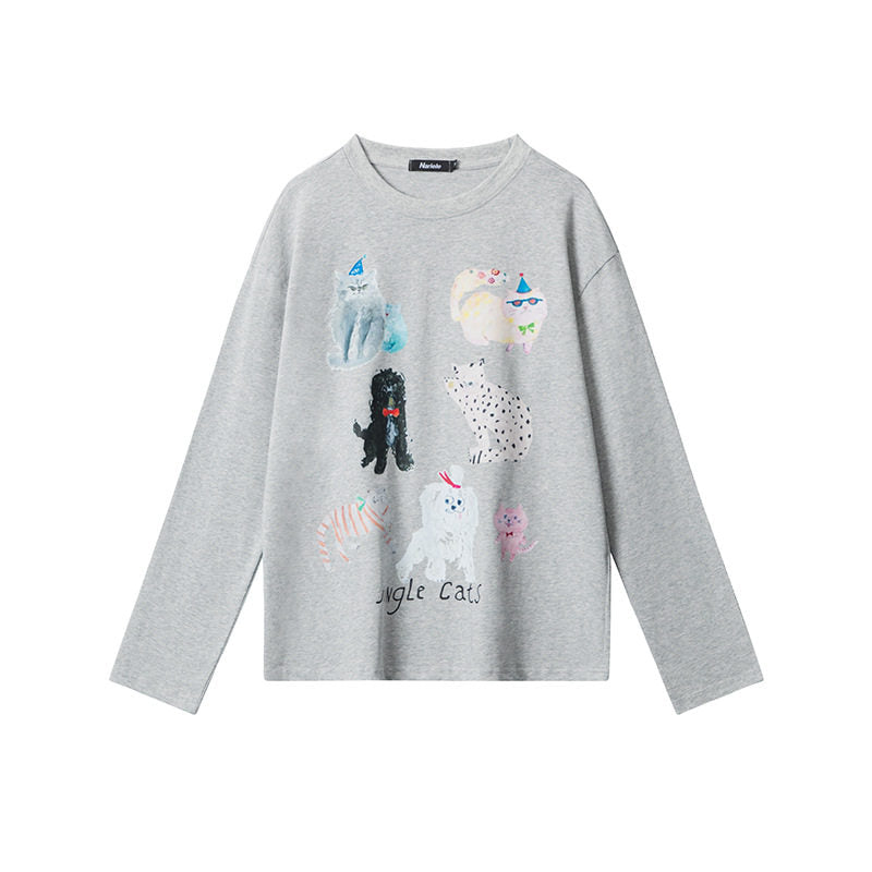 Women's Cat Graphic Long Sleeve Crew Neck T-Shirt