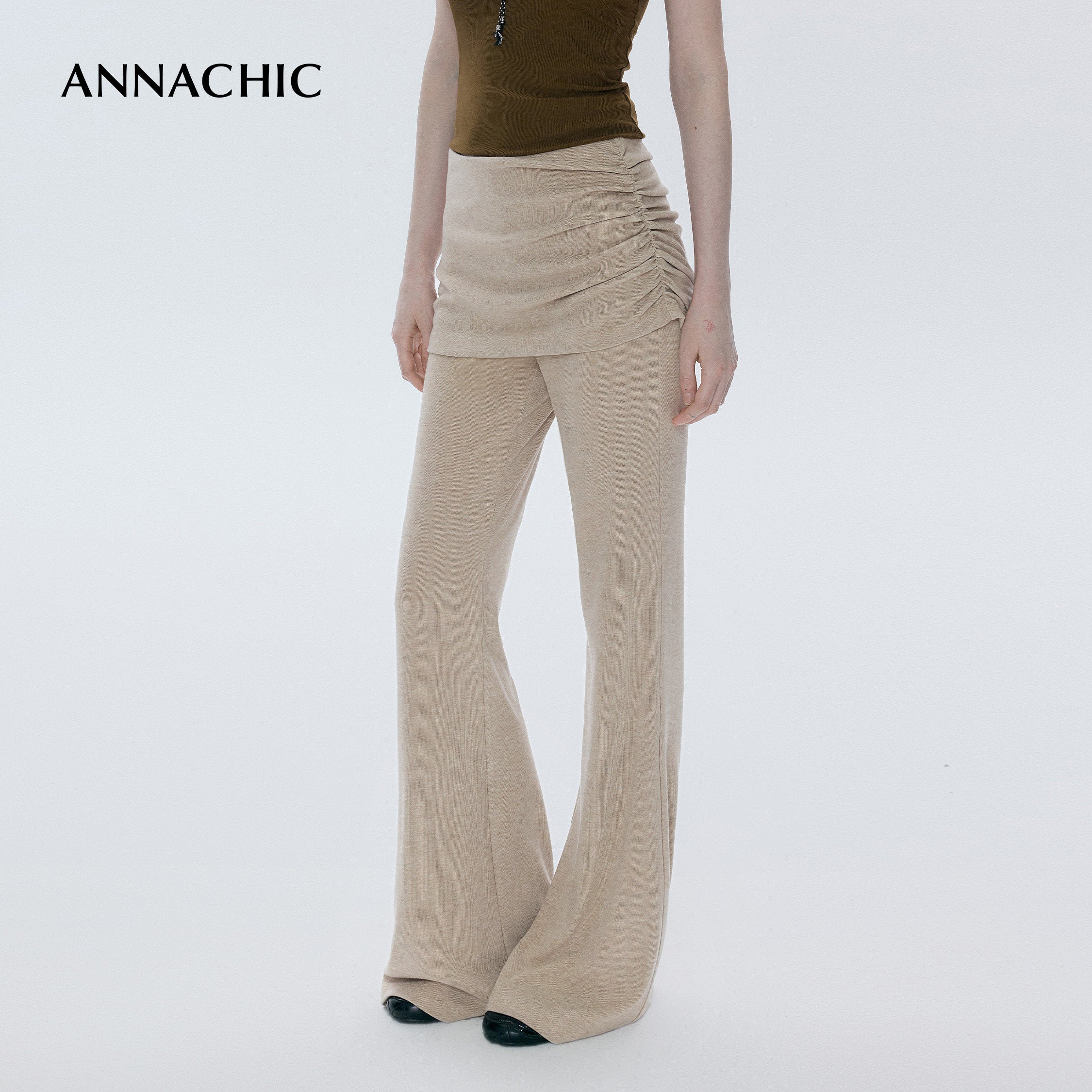 ANNASHIC slim leg pants _ Fake two-piece crotch covering fart curtain micro flared pants _ Slim fit and slimming knitted yoga pants