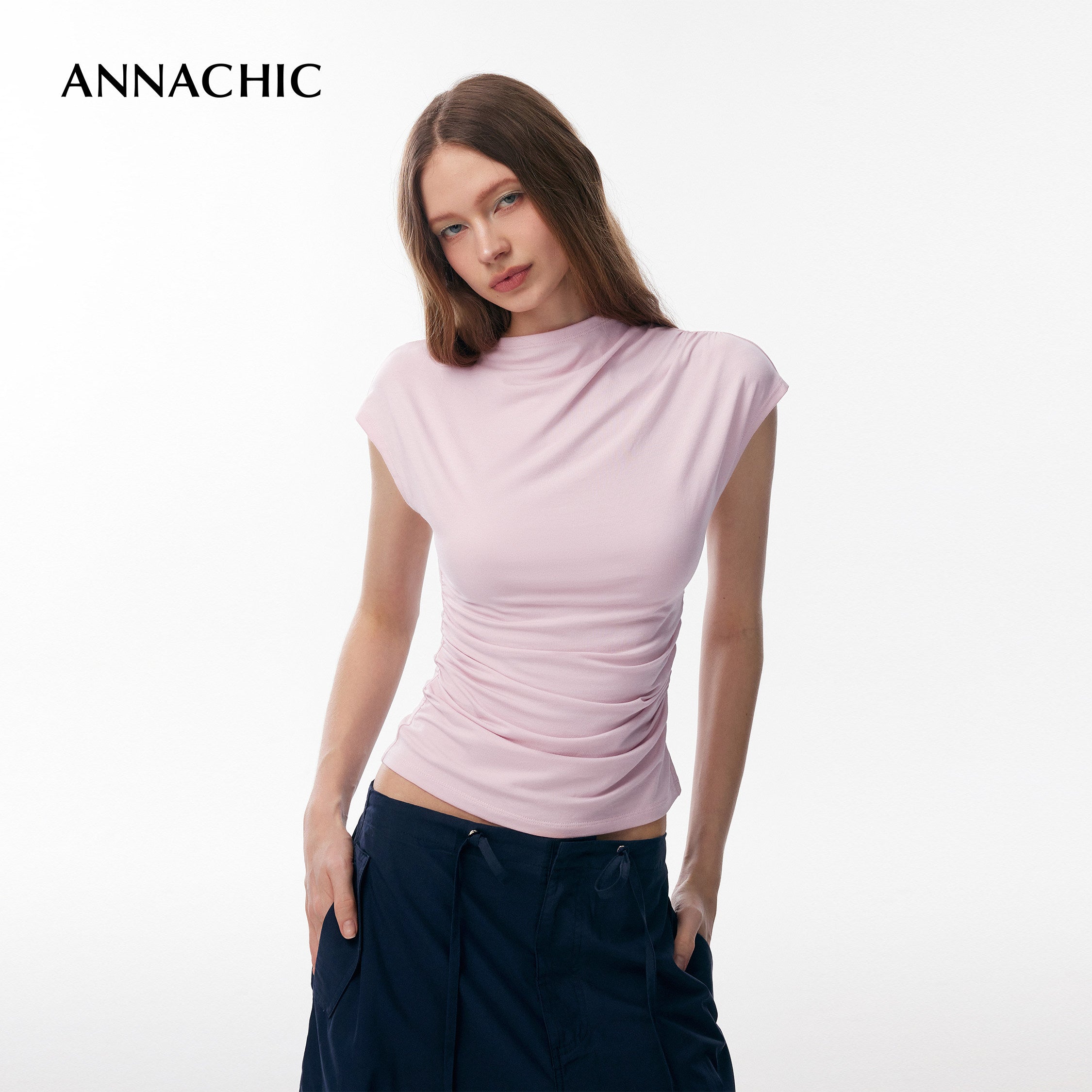 ANNACHIC Line Aesthetics _ White Irregular Little Flying Sleeve T-shirt for Women with Folded Waist Short Sleeve/Sleeveless Top