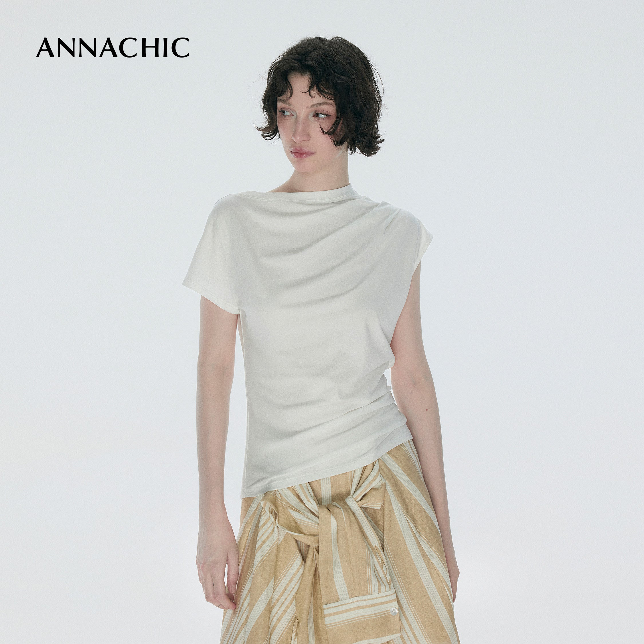 ANNACHIC Line Aesthetics _ White Irregular Little Flying Sleeve T-shirt for Women with Folded Waist Short Sleeve/Sleeveless Top
