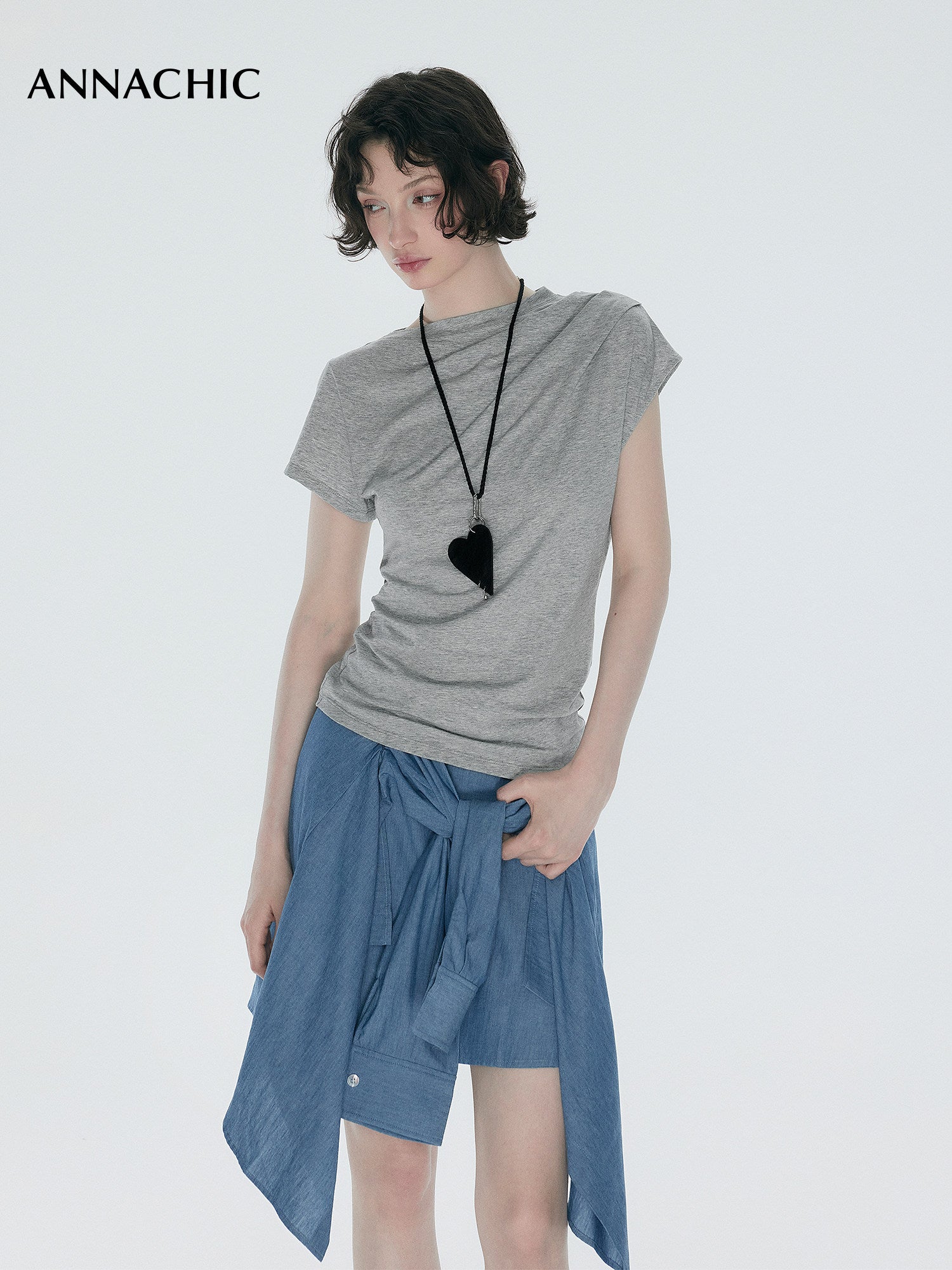 ANNACHIC Line Aesthetics _ White Irregular Little Flying Sleeve T-shirt for Women with Folded Waist Short Sleeve/Sleeveless Top